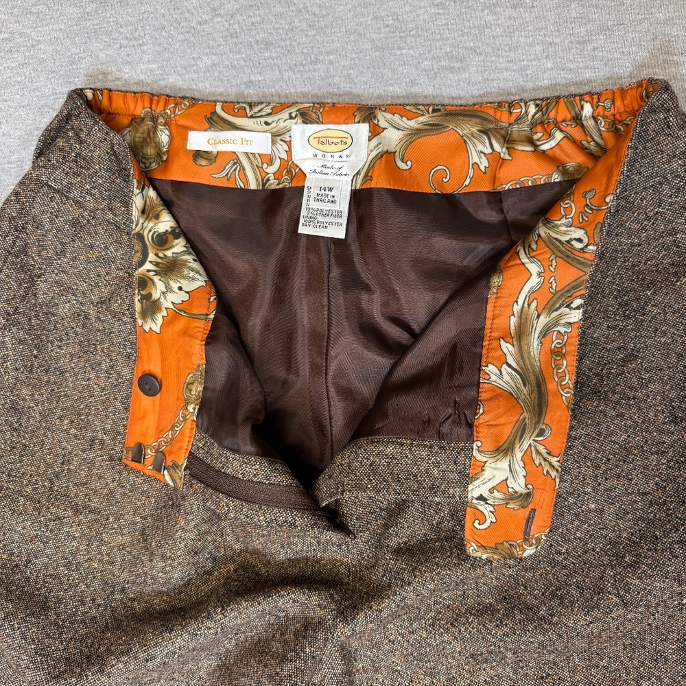 Talbots Classic Fit Pant Brown Tweed Wool Silk Blend Size 14W Fully Lined, Perf!